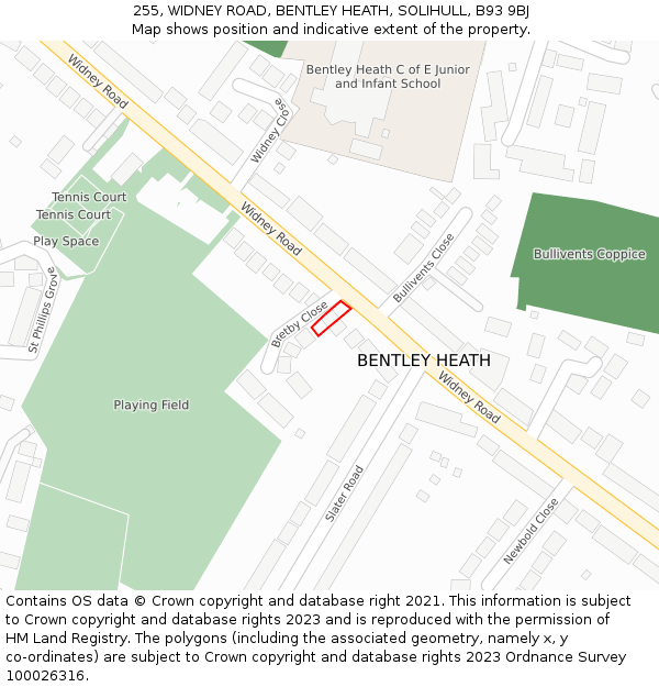 255, WIDNEY ROAD, BENTLEY HEATH, SOLIHULL, B93 9BJ: Location map and indicative extent of plot