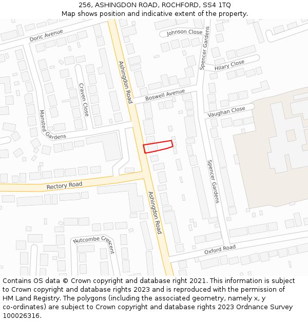 256, ASHINGDON ROAD, ROCHFORD, SS4 1TQ: Location map and indicative extent of plot