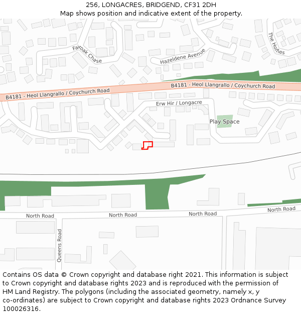 256, LONGACRES, BRIDGEND, CF31 2DH: Location map and indicative extent of plot