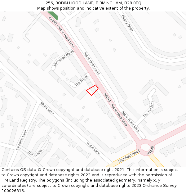 256, ROBIN HOOD LANE, BIRMINGHAM, B28 0EQ: Location map and indicative extent of plot