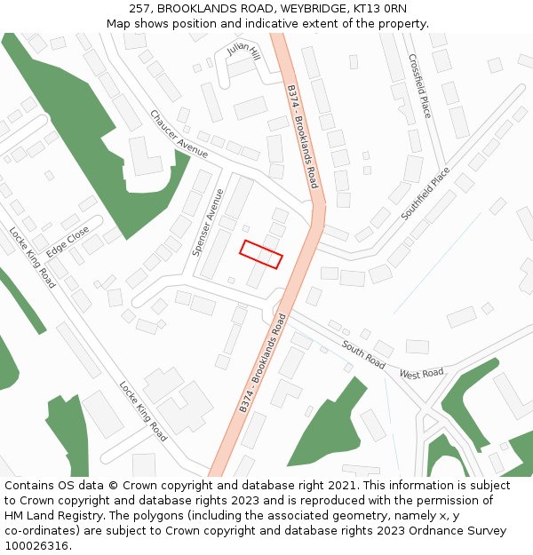 257, BROOKLANDS ROAD, WEYBRIDGE, KT13 0RN: Location map and indicative extent of plot