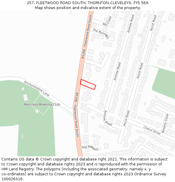 257, FLEETWOOD ROAD SOUTH, THORNTON-CLEVELEYS, FY5 5EA: Location map and indicative extent of plot