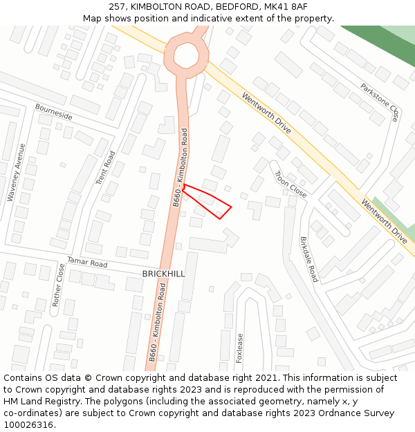 257, KIMBOLTON ROAD, BEDFORD, MK41 8AF: Location map and indicative extent of plot