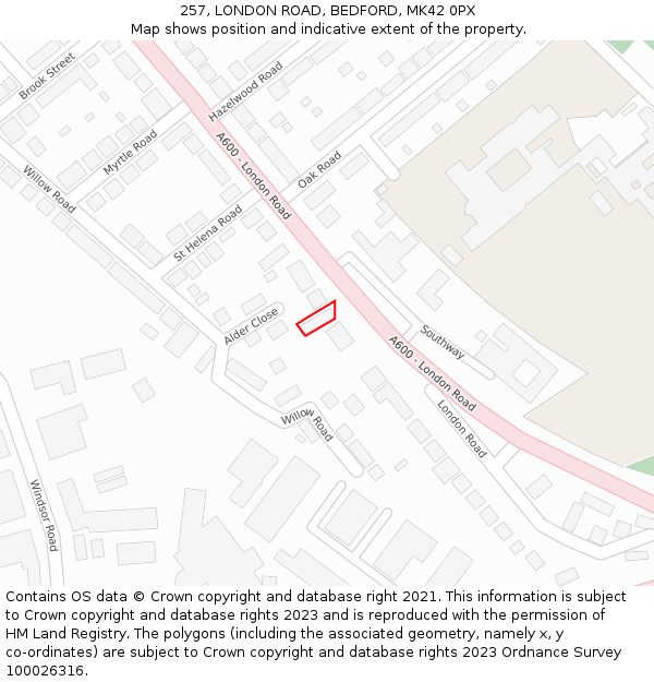 257, LONDON ROAD, BEDFORD, MK42 0PX: Location map and indicative extent of plot