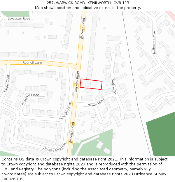 257, WARWICK ROAD, KENILWORTH, CV8 1FB: Location map and indicative extent of plot