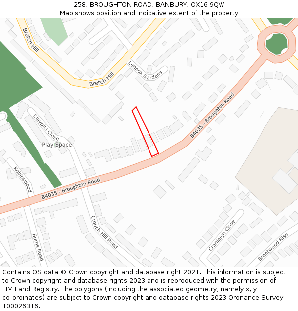 258, BROUGHTON ROAD, BANBURY, OX16 9QW: Location map and indicative extent of plot