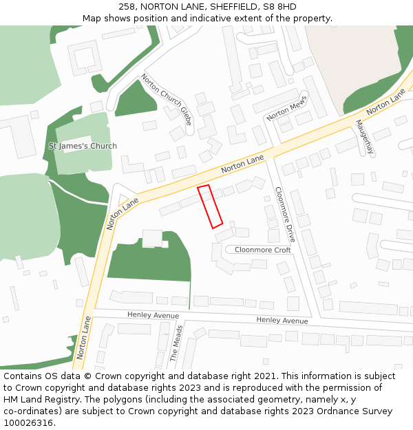 258, NORTON LANE, SHEFFIELD, S8 8HD: Location map and indicative extent of plot