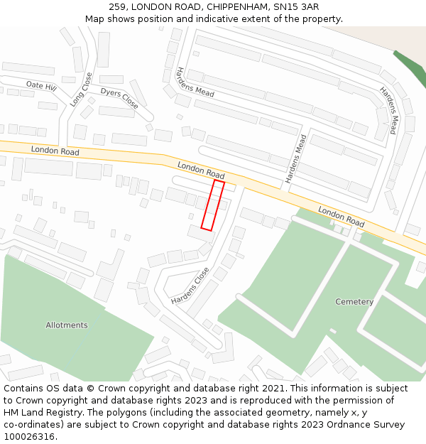 259, LONDON ROAD, CHIPPENHAM, SN15 3AR: Location map and indicative extent of plot