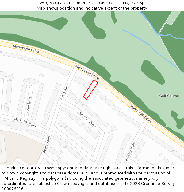 259, MONMOUTH DRIVE, SUTTON COLDFIELD, B73 6JT: Location map and indicative extent of plot