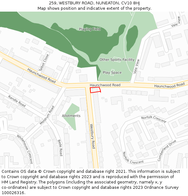 259, WESTBURY ROAD, NUNEATON, CV10 8HJ: Location map and indicative extent of plot
