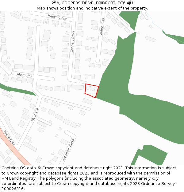 25A, COOPERS DRIVE, BRIDPORT, DT6 4JU: Location map and indicative extent of plot