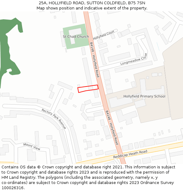 25A, HOLLYFIELD ROAD, SUTTON COLDFIELD, B75 7SN: Location map and indicative extent of plot