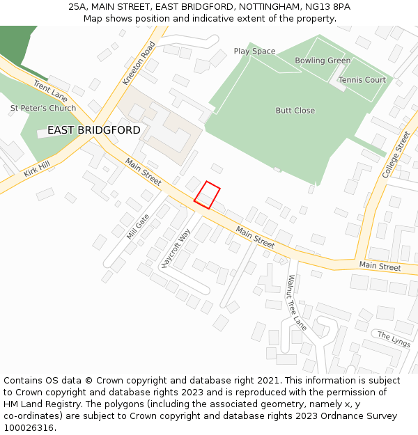 25A, MAIN STREET, EAST BRIDGFORD, NOTTINGHAM, NG13 8PA: Location map and indicative extent of plot