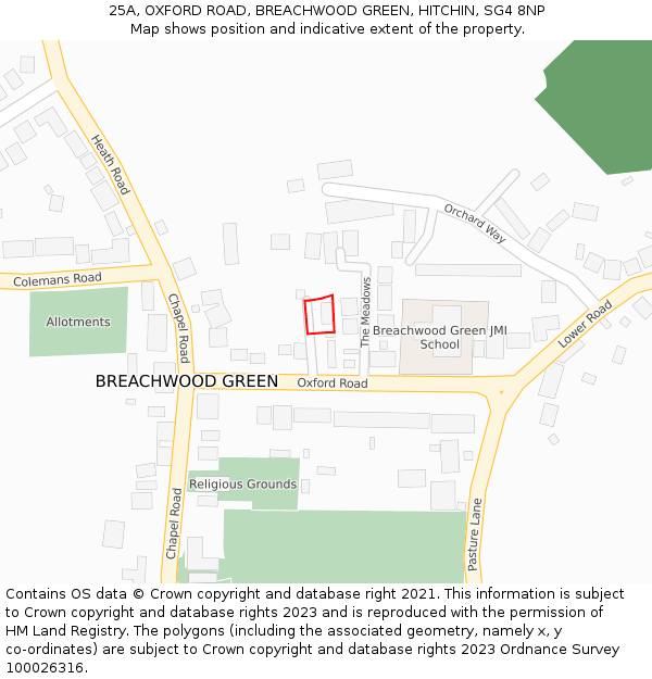 25A, OXFORD ROAD, BREACHWOOD GREEN, HITCHIN, SG4 8NP: Location map and indicative extent of plot