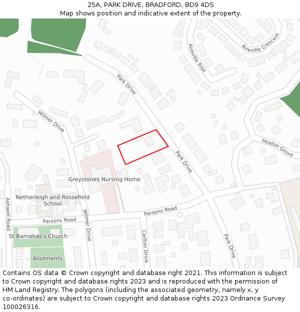 25A, PARK DRIVE, BRADFORD, BD9 4DS: Location map and indicative extent of plot