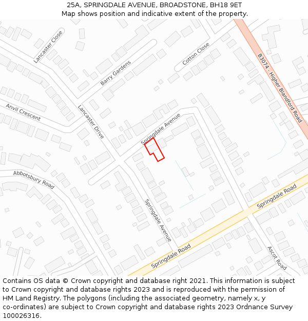25A, SPRINGDALE AVENUE, BROADSTONE, BH18 9ET: Location map and indicative extent of plot