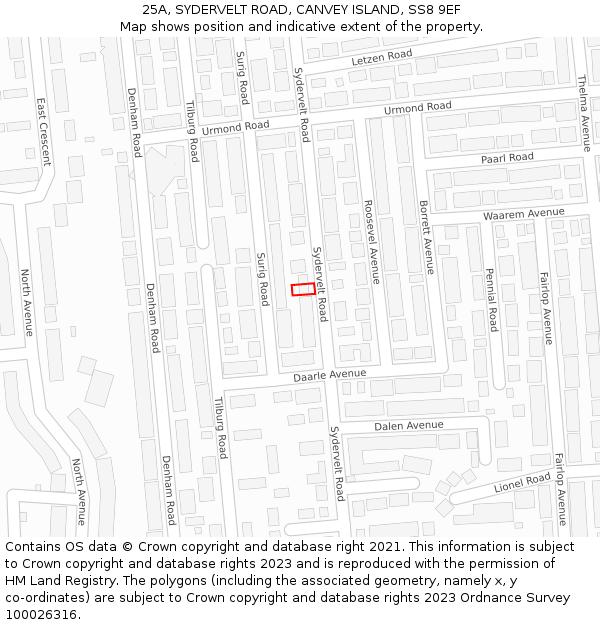 25A, SYDERVELT ROAD, CANVEY ISLAND, SS8 9EF: Location map and indicative extent of plot