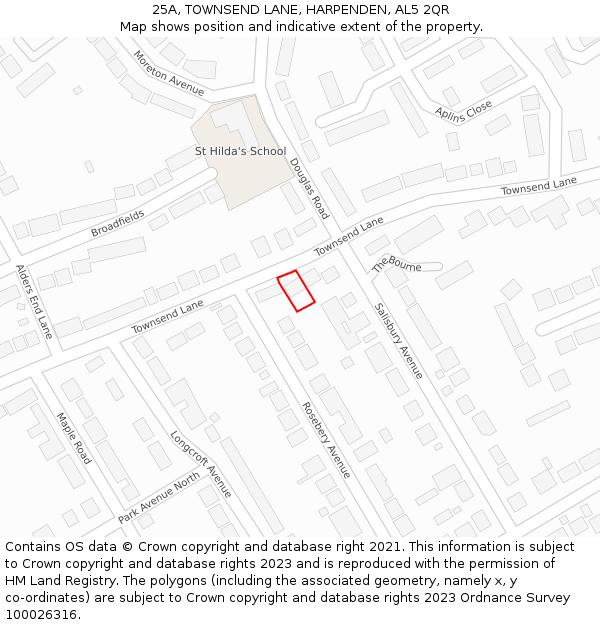 25A, TOWNSEND LANE, HARPENDEN, AL5 2QR: Location map and indicative extent of plot