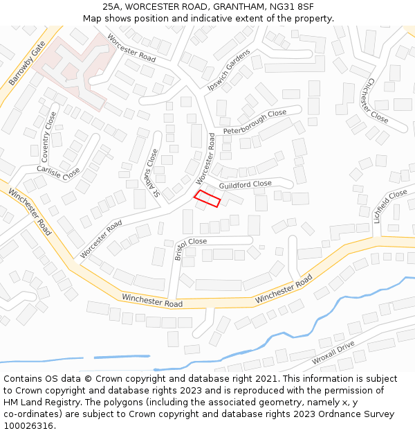 25A, WORCESTER ROAD, GRANTHAM, NG31 8SF: Location map and indicative extent of plot