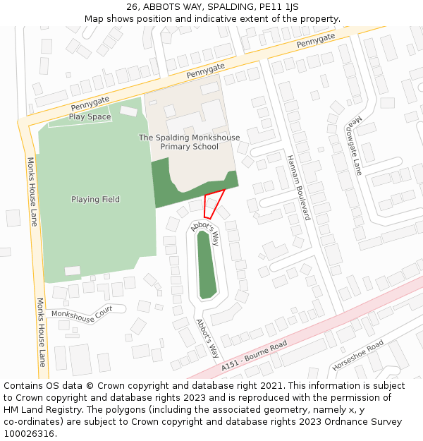 26, ABBOTS WAY, SPALDING, PE11 1JS: Location map and indicative extent of plot