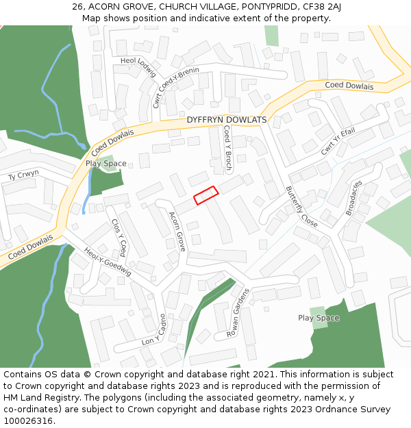 26, ACORN GROVE, CHURCH VILLAGE, PONTYPRIDD, CF38 2AJ: Location map and indicative extent of plot