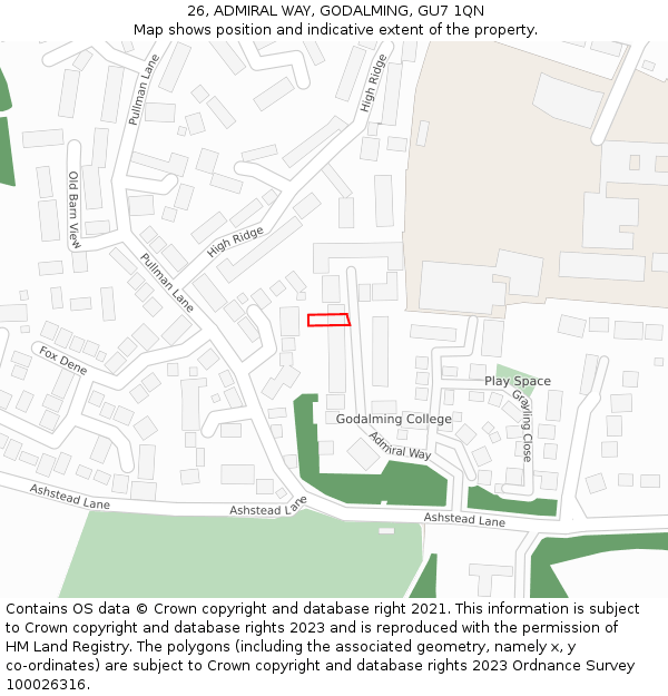 26, ADMIRAL WAY, GODALMING, GU7 1QN: Location map and indicative extent of plot