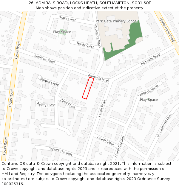 26, ADMIRALS ROAD, LOCKS HEATH, SOUTHAMPTON, SO31 6QF: Location map and indicative extent of plot