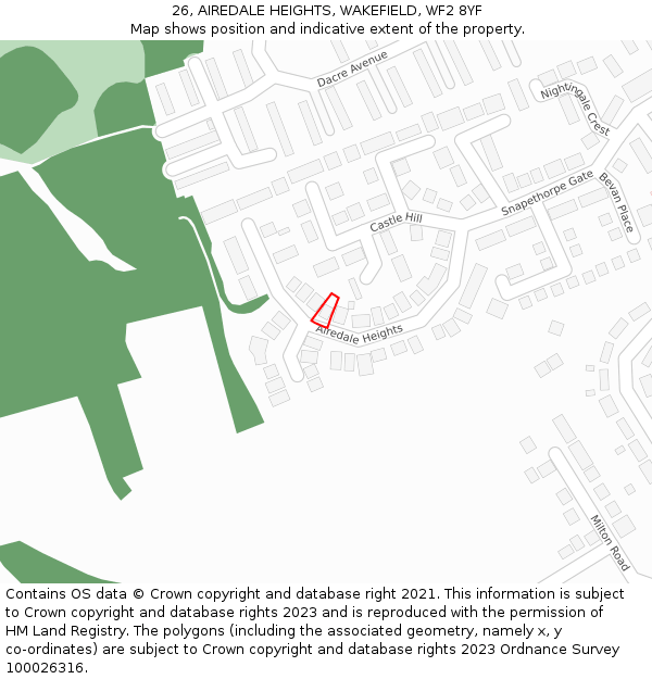 26, AIREDALE HEIGHTS, WAKEFIELD, WF2 8YF: Location map and indicative extent of plot