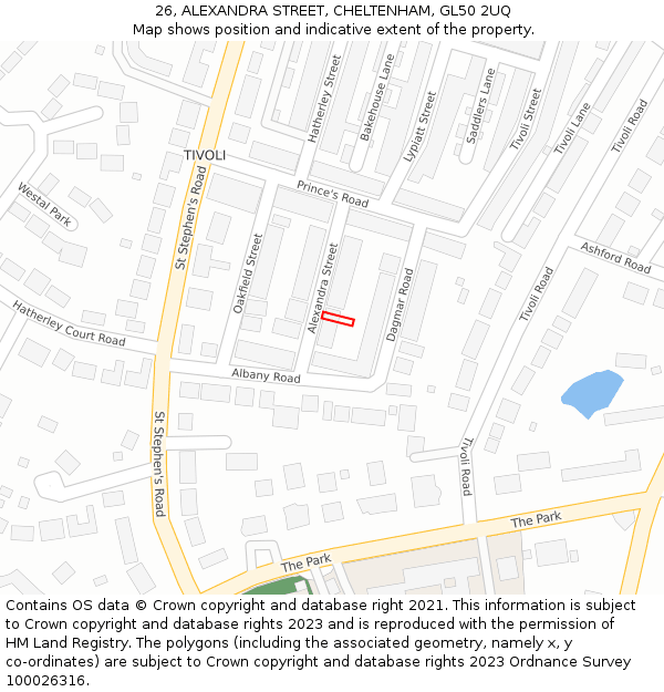 26, ALEXANDRA STREET, CHELTENHAM, GL50 2UQ: Location map and indicative extent of plot