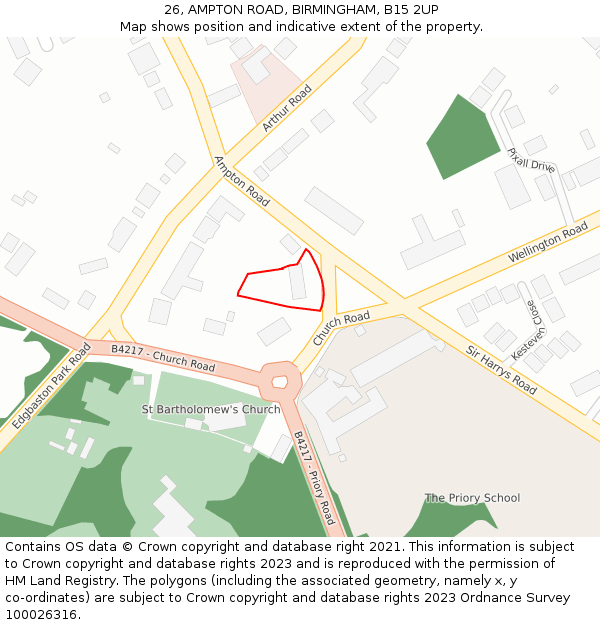 26, AMPTON ROAD, BIRMINGHAM, B15 2UP: Location map and indicative extent of plot