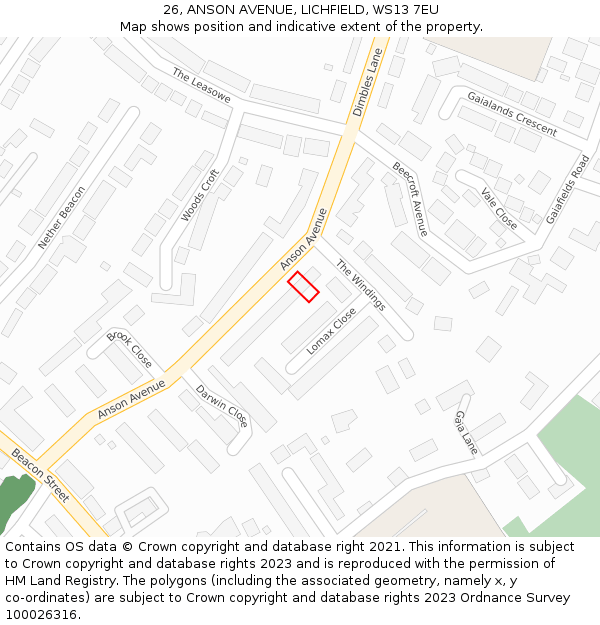 26, ANSON AVENUE, LICHFIELD, WS13 7EU: Location map and indicative extent of plot