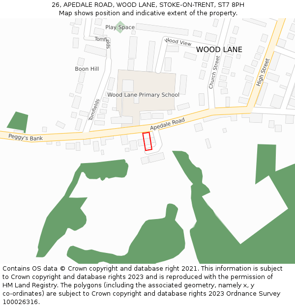 26, APEDALE ROAD, WOOD LANE, STOKE-ON-TRENT, ST7 8PH: Location map and indicative extent of plot