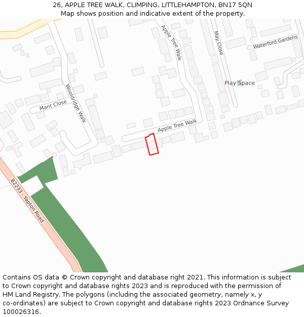 26, APPLE TREE WALK, CLIMPING, LITTLEHAMPTON, BN17 5QN: Location map and indicative extent of plot