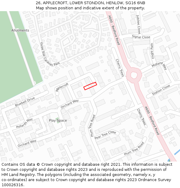 26, APPLECROFT, LOWER STONDON, HENLOW, SG16 6NB: Location map and indicative extent of plot