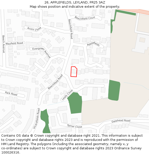 26, APPLEFIELDS, LEYLAND, PR25 3AZ: Location map and indicative extent of plot