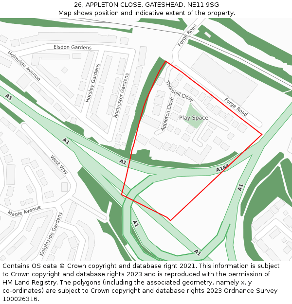 26, APPLETON CLOSE, GATESHEAD, NE11 9SG: Location map and indicative extent of plot