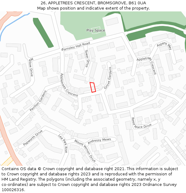 26, APPLETREES CRESCENT, BROMSGROVE, B61 0UA: Location map and indicative extent of plot