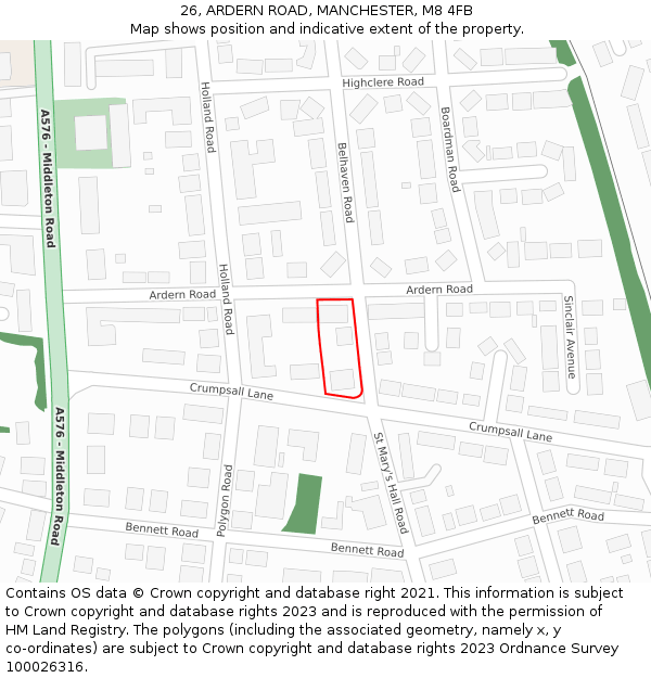 26, ARDERN ROAD, MANCHESTER, M8 4FB: Location map and indicative extent of plot