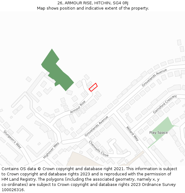 26, ARMOUR RISE, HITCHIN, SG4 0RJ: Location map and indicative extent of plot