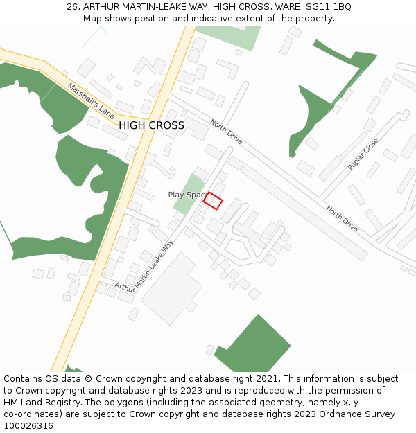 26, ARTHUR MARTIN-LEAKE WAY, HIGH CROSS, WARE, SG11 1BQ: Location map and indicative extent of plot