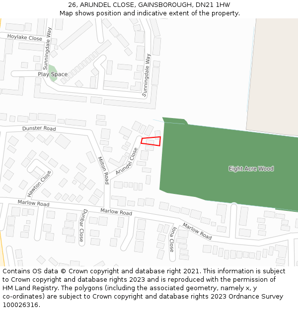 26, ARUNDEL CLOSE, GAINSBOROUGH, DN21 1HW: Location map and indicative extent of plot