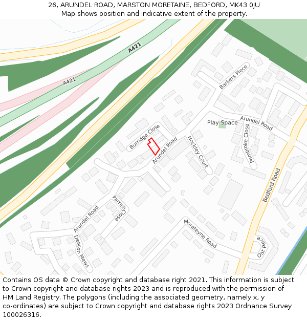 26, ARUNDEL ROAD, MARSTON MORETAINE, BEDFORD, MK43 0JU: Location map and indicative extent of plot