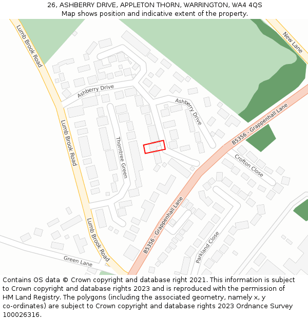 26, ASHBERRY DRIVE, APPLETON THORN, WARRINGTON, WA4 4QS: Location map and indicative extent of plot