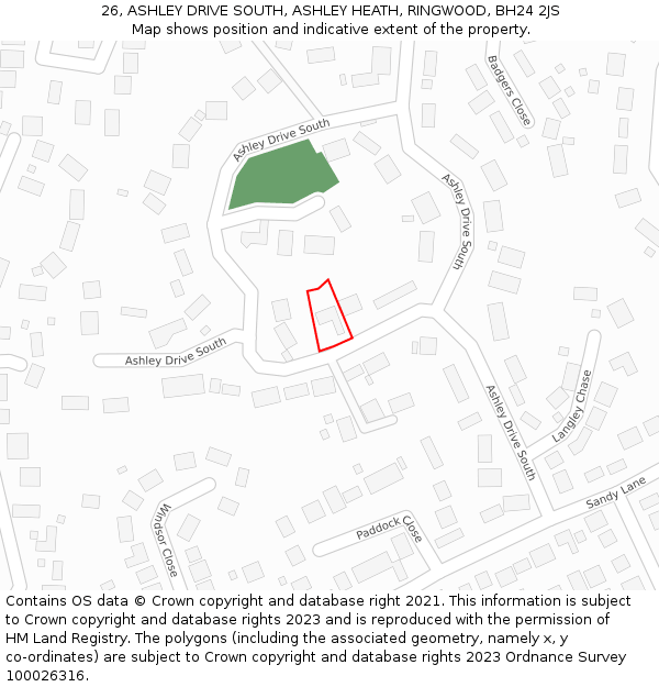 26, ASHLEY DRIVE SOUTH, ASHLEY HEATH, RINGWOOD, BH24 2JS: Location map and indicative extent of plot