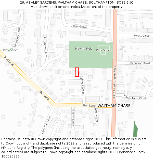 26, ASHLEY GARDENS, WALTHAM CHASE, SOUTHAMPTON, SO32 2NQ: Location map and indicative extent of plot