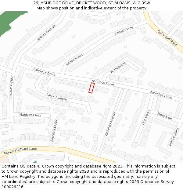 26, ASHRIDGE DRIVE, BRICKET WOOD, ST ALBANS, AL2 3SW: Location map and indicative extent of plot
