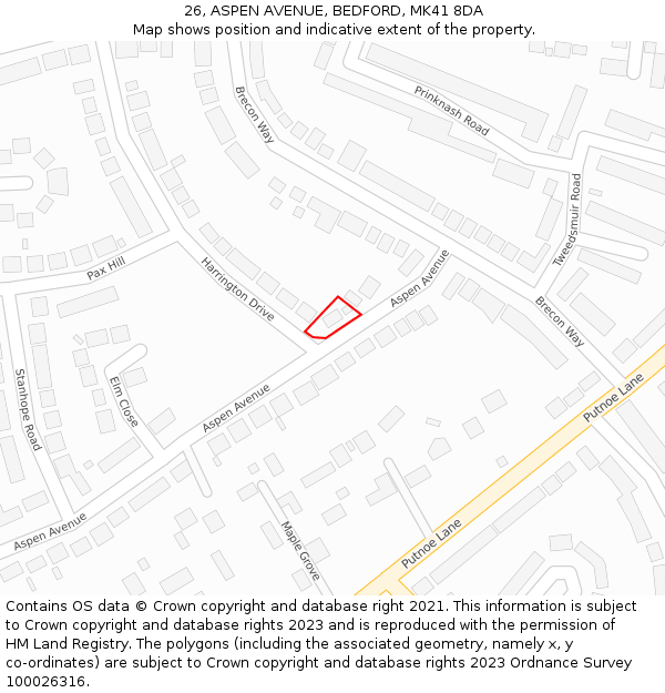 26, ASPEN AVENUE, BEDFORD, MK41 8DA: Location map and indicative extent of plot