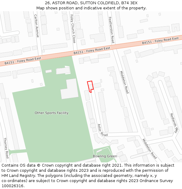 26, ASTOR ROAD, SUTTON COLDFIELD, B74 3EX: Location map and indicative extent of plot