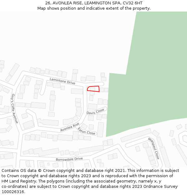 26, AVONLEA RISE, LEAMINGTON SPA, CV32 6HT: Location map and indicative extent of plot