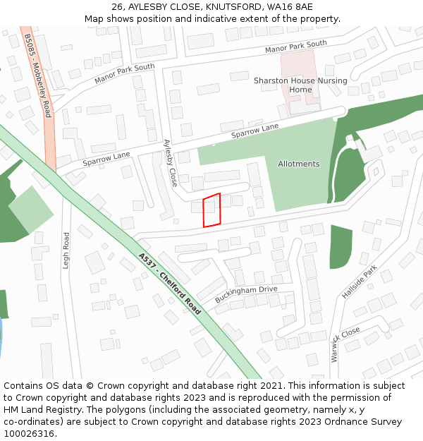 26, AYLESBY CLOSE, KNUTSFORD, WA16 8AE: Location map and indicative extent of plot